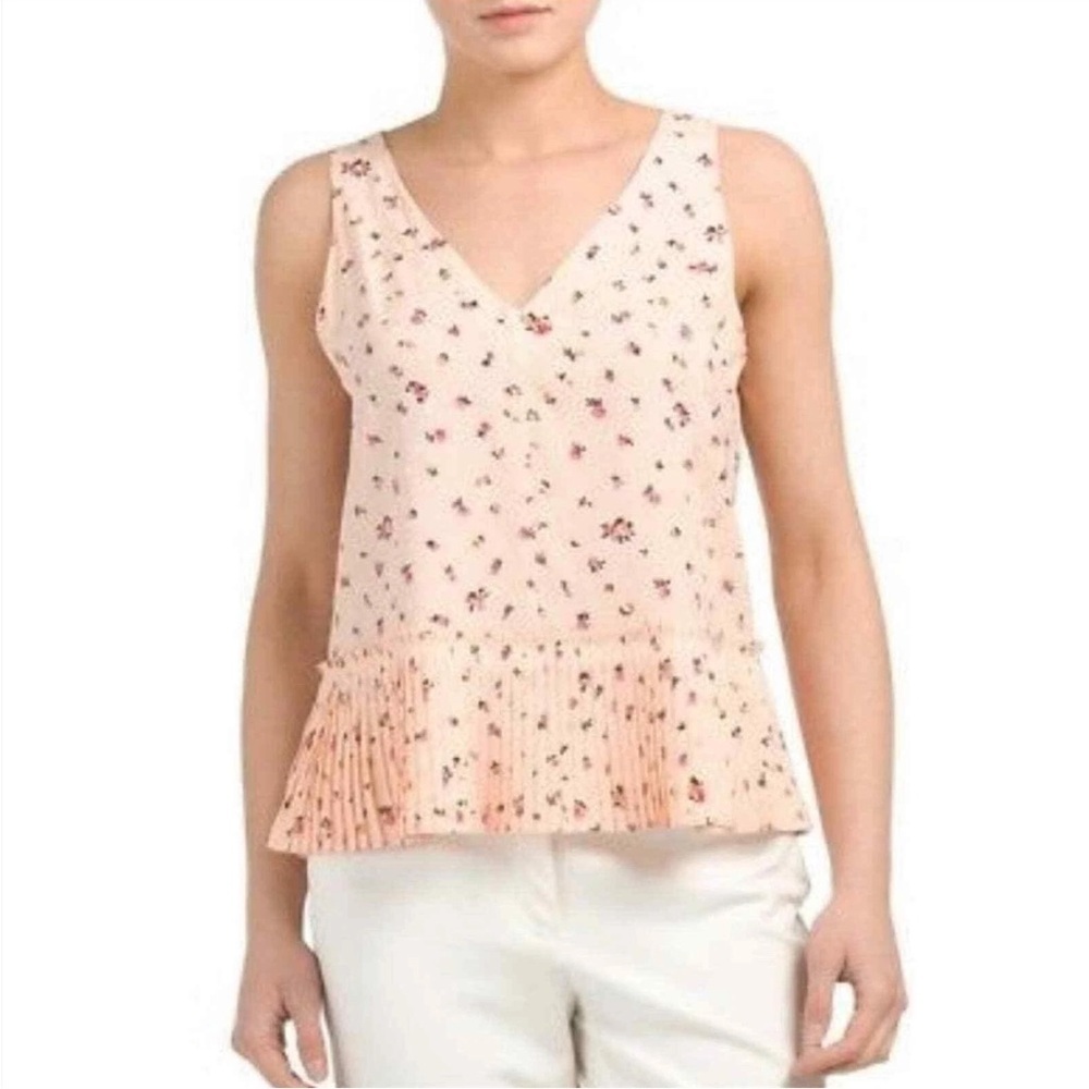 Rebecca Taylor Floral Silk Blouse Pleated V-Neck Pink Peach Size 10 - Picture 2 of 6